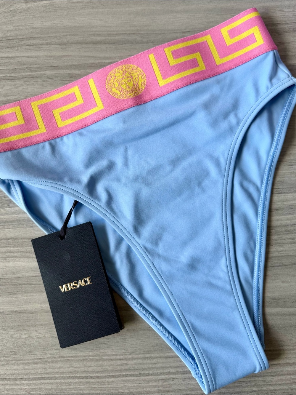 Blue Swim Bottoms w/ Pink and Gold Greca Border & Medusa Detail - NWT - 2